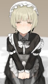 1boy apron apron_pull blonde_hair blunt_bangs blurry blurry_background blush bow bowtie bulge closed_mouth clothes_pull collared_dress commentary_request covered_erect_nipples crossdressing crossdressing_(mtf) cum cum_on_body cum_on_clothes cum_on_hair cum_on_male dot_nose dress erection erection_under_clothes facial feet_out_of_frame frilled_apron frilled_hat frills half-closed_eyes hat juliet_sleeves long_sleeves looking_at_viewer maid maid_apron male_focus male_maid mob_cap on_bed original own_hands_together partial_commentary puffy_sleeves see-through_clothes see-through_dress short_hair sitting solo sunaba_(nczd5875) thighhighs white_apron white_bow white_bowtie white_hat white_thighhighs yellow_eyes