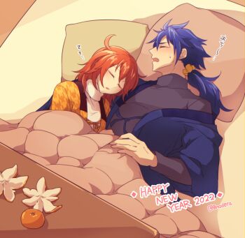Rule 34 | 0nodera, 1boy, 1girl, blue hair, borrowed accessory, closed eyes, commentary request, cu chulainn (fate), cu chulainn (fate/prototype), fang, fate/grand order, fate (series), food, fruit, fujimaru ritsuka (female), happy new year, hetero, long hair, mandarin orange, new year, orange hair, orange peel, pillow, ponytail, short hair, sleeping, sleeping together, sweater, translation request, turtleneck, turtleneck sweater, twitter username, under covers