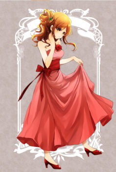 1girl alternate_breast_size bad_id bad_pixiv_id bleach breasts brown_eyes brown_hair dress female_focus floating_hair flower full_body hair_between_eyes hair_ornament high_heels inoue_orihime long_dress long_hair medium_breasts pump pumps red_dress red_flower red_footwear red_rose rose sleeveless sleeveless_dress solo standing strapless strapless_dress umi_(pixiv6861961)