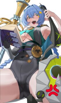 1girl :d absurdres anger_vein armpits black_gloves blue_hair book braid breasts cleavage commentary_request covered_navel creature ethereal_(zenless_zone_zero) gloves goat_girl goat_horns gong_dol_hong hair_intakes highres holding holding_creature hood hood_down horns long_hair lucia_elowen open_book open_mouth pointy_ears simple_background smile solo sparkle staff underboob white_background zenless_zone_zero