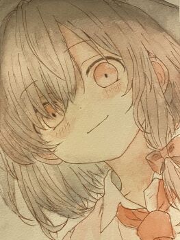 1girl black_hat blush bow brown_hair collared_shirt commentary_request hair_bow hat head_tilt highres iris-san necktie portrait red_bow red_eyes red_necktie shirt smile solo touhou traditional_media usami_renko white_shirt