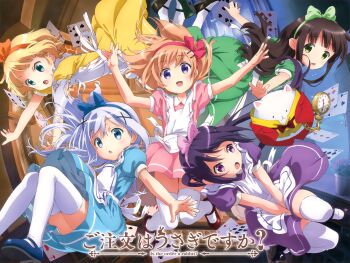 5girls :d :o alice_(alice_in_wonderland) alice_(alice_in_wonderland)_(cosplay) alice&#039;s_adventures_in_wonderland angora_rabbit animal apron blue_dress bow bowtie card chestnut_mouth clothed_animal club_(shape) clubs copyright_name cosplay covering_privates covering_crotch diamonds diamonds_(playing_card) dress english_text gochuumon_wa_usagi_desu_ka? green_dress hair_bow hair_ornament hairband hairclip heart hearts_(playing_card) highres hoto_cocoa kafuu_chino kirima_syaro mary_janes matching_outfits multiple_girls open_mouth parted_lips pink_dress playing_card pocket_watch puffy_short_sleeves puffy_sleeves purple_dress rabbit red_bow red_bowtie ribbon shoes short_dress short_sleeves smile spade spade_(shape) spades tedeza_rize thighhighs tippy_(gochiusa) tippy_(gochuumon_wa_usagi_desuka?) ujimatsu_chiya watch white_legwear white_rabbit_(alice_in_wonderland) white_rabbit_(cosplay) wristwatch x_hair_ornament yellow_dress