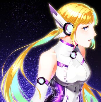 1girl absurdres bare_shoulders black_background blonde_hair blue_pupils breasts clothes_writing colored_inner_hair commentary_request elbow_gloves eyelashes gloves highres into_the_ruins_(shining_nikki) large_breasts leotard light_particles lips long_hair looking_at_viewer low_twintails mechanical_wings multicolored_hair multicolored_leotard nikki_(series) open_mouth outline pa_ane pink_lips pointy_nose purple_background purple_eyes purple_leotard science_fiction shining_nikki solo striped_clothes striped_leotard teeth twintails two-tone_background two-tone_leotard upper_body upper_teeth_only vertical-striped_clothes vertical-striped_leotard very_long_hair white_gloves white_leotard wings yellow_outline
