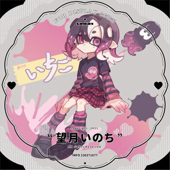 1girl absurdres artist_name black_shirt black_shoes brown_hair closed_mouth double-parted_bangs full_body grey_background hair_between_eyes highres inkling inkling_girl inkling_player_character looking_at_viewer loose_socks mochizuki_inochi mole mole_under_eye multicolored_hair nintendo plaid_clothes plaid_skirt pleated_skirt pointy_ears purple_eyes purple_hair purple_socks red_skirt shirt shoes short_hair skirt socks solo splatoon_(series) striped_clothes striped_sleeves striped_socks tentacle_hair thick_eyebrows two-tone_hair watermark
