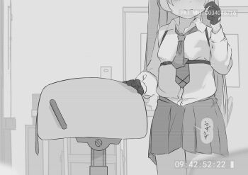 1futa absurdres blue_archive breeding_mount chest_harness closed_mouth collared_shirt condom futanari gloves greyscale hand_up harness head_out_of_frame highres hoshino_(blue_archive) indoors long_hair long_sleeves monochrome painnico scratching_cheek shirt skirt solo standing timestamp
