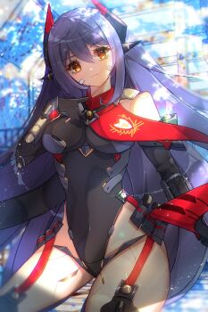 1girl bare_shoulders black_leotard breasts commentary_request cowboy_shot highres joints large_breasts leotard long_hair poppi_(xenoblade) poppi_qtpi_(xenoblade) purple_hair red_scarf robot_girl robot_joints scarf smile solo xenoblade_chronicles_(series) xenoblade_chronicles_2 yellow_eyes zer00han