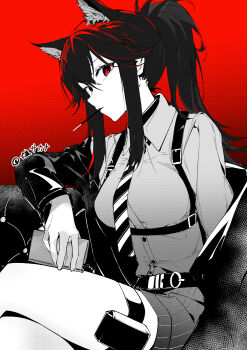 1girl absurdres animal_ear_fluff animal_ears arknights buttons collared_shirt commentary crossed_legs food food_in_mouth hair_between_eyes highres long_sleeves looking_at_viewer off_shoulder official_alternate_costume partially_colored pocky pocky_in_mouth ponytail pouch red_eyes shio_sakana shirt sidelocks sitting solo texas_(arknights) texas_(willpower)_(arknights) thigh_pouch thigh_strap wolf_ears wolf_girl