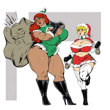 1boy 2024 2girls absurdres adventures_of_sonic_the_hedgehog alternate_breast_size black_gloves black_shoes blonde_hair blush boots breasts capelet captured christmas circlet cleavage cleavage_cutout closed_mouth clothing_cutout colored_skin curly_hair dark-skinned_female dark_skin dr._eggman eyeshadow full_body fur_trim gloves green_eyes green_leotard hat height_difference high_heel_boots high_heels highres huge_breasts katella_the_huntress knee_boots leotard looking_at_another madonna_(sonic) makeup midriff miniskirt multiple_girls muscular muscular_arms muscular_female muscular_legs navel orange_hair puckered_lips red_hair red_lips red_skin redblacktac restrained santa_costume santa_hat shoes short_hair skirt smile sonic_(series) standing standing_on_one_leg straight_hair swept_bangs taut_clothes thick_lips thick_thighs thighhighs thighs white_thighhighs