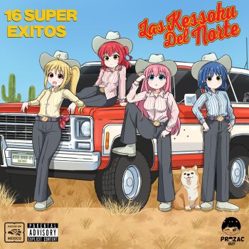 4girls :d :o ahoge album_cover alternate_costume artist_name belt blonde_hair blue_eyes blue_hair blue_sky bocchi_the_rock! bullet_hole cactus car clear_sky commentary_request cover desert detached_ahoge dog fake_cover gotoh_hitori grey_pants highres ijichi_nijika kita_ikuyo long_hair motor_vehicle multiple_girls on_car open_mouth outdoors pants parental_advisory parted_lips pink_hair pinstripe_pattern pinstripe_shirt prozacguy red_eyes red_hair shirt side_ponytail sky smile spanish_commentary spanish_text translation_request vehicle_request white_shirt yamada_ryo yellow_eyes