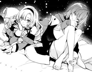 Rule 34 | 2girls, ange katrina, ange katrina (1st costume), bare shoulders, barefoot, cardigan, closed mouth, coat, commentary request, crossed legs, dress, drill hair, elbow rest, greyscale, hairband, hand on own chin, hand on own foot, hand on own knee, hand up, head rest, hyakumantenbara salome, hyakumantenbara salome (1st costume), index finger raised, juliet sleeves, knees up, long bangs, long hair, long sleeves, looking at viewer, lying, medium hair, monochrome, multiple girls, nijisanji, off-shoulder dress, off shoulder, on stomach, pillow, puffy sleeves, screentones, single off shoulder, sitting, sleeve cuffs, sleeves past wrists, smile, star (sky), translation request, tsukasa satsuki, virtual youtuber