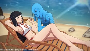 absurdres arm_behind_head beach beach_chair bikini black_hair blue_eyes blue_skin breasts cendaran cleavage cleavage_cutout clothing_cutout colored_skin eating food highres hime_cut leaning_back licking_lips long_hair maia_starchild monster multicolored_hair open_mouth popsicle popsicle_stick reclining rime_desophine self-upload sienna_harris slime_(creature) slime_hair staring swimsuit tongue tongue_out white_hair yellow_eyes