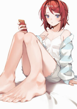 1girl absurdres ange_katrina ange_katrina_(6th_costume) arm_support bare_legs bare_shoulders barefoot blue_cardigan blue_eyes blurry breasts camisole cardigan cellphone collarbone commentary_request depth_of_field feet foreshortening full_body grey_shorts hair_ornament hairclip hairpin hand_up highres holding holding_phone knees_up large_variant_set looking_at_viewer medium_hair multicolored_eyes multiple_hairpins nijisanji open_cardigan open_clothes parted_lips phone purple_eyes red_hair shorts simple_background sitting sleepwear sleeves_past_wrists small_breasts smartphone solo strap_slip striped_cardigan th@nk toes two-tone_eyes variant_set virtual_youtuber white_background white_camisole white_cardigan