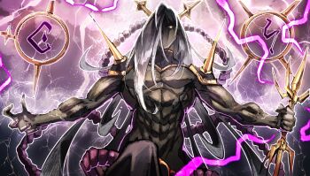 1boy abs biceps dark_skin duel_monster electricity highres holding holding_weapon juraishin_the_cursed_thunder_god lightning long_hair male_focus muscular pectorals sonic1nstinct spikes tagme thunder vajra_(object) weapon white_eyes white_hair yu-gi-oh!