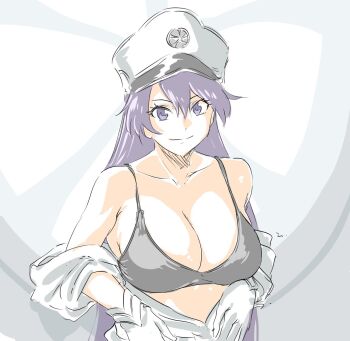 1girl bambietta_basterbine bleach bra breasts cleavage clothes_pull gloves highres large_breasts long_hair looking_at_viewer military_uniform purple_eyes purple_hair smile solo underwear