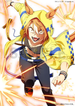 Rule 34 | animal ears, belt, black pants, black shirt, bracelet, breasts, brown hair, commentary request, cygames, dicta striker (umamusume), ears through headwear, ears through hood, fukumoto yousuke, grin, hair between eyes, highres, hood, hooded jacket, hoodie, horse ears, horse girl, horse tail, jacket, jewelry, long sleeves, midriff, multicolored hair, navel, necklace, official art, open clothes, open jacket, open mouth, pants, shirt, shoes, short hair, small breasts, smile, sparks, streaked hair, tail, teeth, umamusume, umamusume: cinderella gray, white hair, yellow eyes, yellow hood, yellow hoodie, yellow jacket