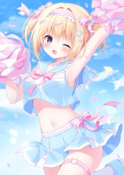 Rule 34 | 1girl, ;d, arm up, armpits, bare arms, bare shoulders, blonde hair, blue sailor collar, blue shirt, blue shoes, blue skirt, blue sky, blush, bow, bowtie, breasts, cheerleader, cloud, commentary request, commission, cowboy shot, crop top, cropped shirt, day, dot nose, frilled hairband, frilled sailor collar, frills, grey eyes, hair between eyes, hair bow, hair intakes, hair ornament, hairband, hat ornament, heart, heart o-ring, highres, holding, holding pom poms, looking at viewer, medium breasts, midriff, miniskirt, navel, nekoboshi yuki, o-ring, o-ring thigh strap, one eye closed, open mouth, original, outdoors, pink bow, pink bowtie, pink hairband, pixiv commission, pleated skirt, pom pom (cheerleading), pom poms, sailor collar, shirt, shoes, short hair, sidelocks, skirt, sky, smile, socks, solo, star (symbol), star hat ornament, striped bow, striped bowtie, striped clothes, thigh strap, two side up, white socks, x hair ornament