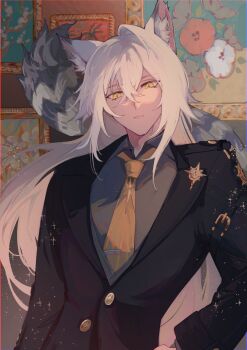 Rule 34 | 1boy, animal ear fluff, animal ears, black jacket, cat boy, cat ears, cat tail, closed mouth, commentary request, crossed bangs, grey shirt, grey tail, hair between eyes, hand on own hip, highres, jacket, long hair, looking at viewer, male focus, necktie, painting (object), police badge, severian lowell, shirt, solo, szpw nmh3, tail, upper body, white hair, yellow eyes, yellow necktie, zenless zone zero