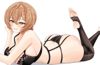 1girl absurdres alternate_breast_size_(larger) ass black_bra black_garter_straps black_panties black_thighhighs bra breasts brown_eyes bug butterfly clio_aite commentary english_commentary freckles garter_straps hair_between_eyes highres immortalboobs insect large_breasts lying on_stomach panties phase_connect scar scar_across_eye scar_on_face short_hair solo stirrup_legwear the_pose thighhighs toeless_legwear toes underwear virtual_youtuber white_background