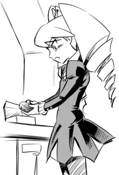 Rule 34 | 1girl, blush, box, commentary request, dress, drill hair, from side, greyscale, heart-shaped box, long hair, lowres, luna platz (mega man), mega man (series), mega man star force (series), monochrome, open mouth, pantyhose, sketch, striped clothes, striped pantyhose, twin drills, valentine, werou