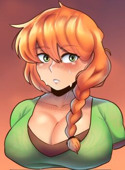 1girl alex_(minecraft) blush body_freckles braid breasts cleavage collarbone covered_erect_nipples female_focus freckles green_eyes green_shirt hair_between_eyes highres johnv large_breasts long_hair looking_at_viewer minecraft orange_background orange_hair panties shirt side_braid solo sweat underwear upper_body