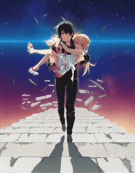 1boy 1girl ahoge apron araragi_koyomi arms_around_neck back_bow backlighting black_eyes black_hair black_jacket black_pants blonde_hair bow bow_apron bracelet carrying closed_mouth crossed_legs debris donut expressionless falling_leaves flipped_hair food food_bite food_in_mouth footwear_bow from_above full_body gakuran gradient_sky grey_shoes hair_between_eyes hair_flaps hair_over_one_eye hands_up high_collar highres holding holding_donut holding_food jacket jewelry leaf lens_flare long_hair looking_at_viewer monogatari_(series) mouth_hold naoetsu_high_school_uniform official_art oshino_shinobu pants parted_lips pink_skirt plantar_flexion pointy_ears princess_carry red_bow red_trim sandals school_uniform shadow shoes short_hair skirt sky slit_pupils smile smug stairs star_(sky) starry_sky stone_stairs straight-on third-party_source waist_bow walking white_apron white_shoes yellow_eyes