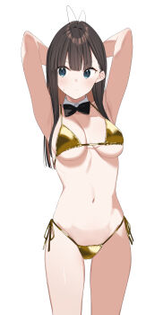 1girl absurdres bikini black_hair blue_eyes bow bowtie breasts commentary_request detached_collar eight_tohyama gold_bikini highleg highleg_bikini highres long_hair original side-tie_bikini_bottom simple_background solo string_bikini swimsuit white_background