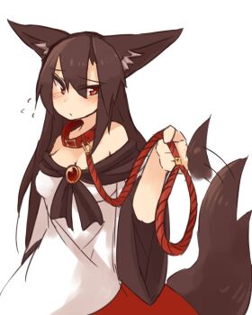 1girl animal_ear_fluff animal_ears averting_eyes bad_id bad_twitter_id bare_shoulders blush breasts brooch brown_dress brown_hair cleavage closed_mouth collar dress flying_sweatdrops gem holding_own_leash imaizumi_kagerou jewelry kaginoni leash long_hair looking_to_the_side medium_breasts multicolored_dress off-shoulder_dress off_shoulder red_collar red_dress red_eyes red_gemstone simple_background solo tail tail_wagging touhou upper_body white_background white_dress wolf_ears wolf_girl wolf_tail