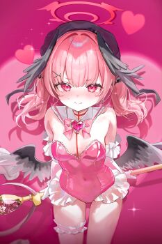 1girl absurdres alternate_costume angel_wings arms_behind_back beret black_bow black_hat black_wings blue_archive blush bow breasts brooch closed_mouth covered_navel detached_collar elbow_gloves feathered_wings frilled_leotard frilled_thigh_strap frills gloves hair_between_eyes hair_bow hair_ornament hairclip halo hat head_wings heart heart_brooch highres jewelry koharu_(blue_archive) leotard loli long_hair looking_at_viewer low_wings magical_girl pink_bow pink_eyes pink_hair pink_theme red_halo riko_(rik0ring) small_breasts solo staff strapless strapless_leotard sweatdrop thigh_strap thighs twintails wand white_gloves winged_halo wings