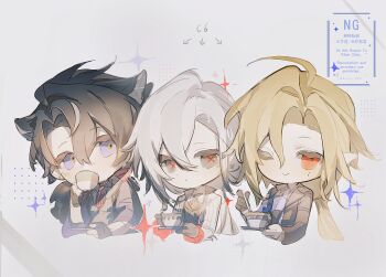 Rule 34 | 1girl, 2boys, ahoge, arlecchino (genshin impact), black hair, black hands, blonde hair, blue eyes, chibi, chibi only, chinese commentary, closed mouth, coat, colored extremities, colored skin, commentary request, cup, drinking, genshin impact, gloves, green eyes, grey background, grey hair, hair between eyes, head tilt, highres, holding, holding cup, hugo vlad, in-franchise crossover, jacket, letty2507, light smile, long hair, long sleeves, looking at viewer, low ponytail, mihoyo, multicolored hair, multicolored skin, multiple boys, one eye closed, open clothes, open jacket, ponytail, red eyes, red pupils, streaked hair, symbol-shaped pupils, teacup, two-tone skin, upper body, wriothesley (genshin impact), x-shaped pupils, zenless zone zero