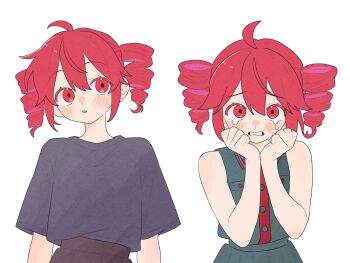 1girl ahoge alternate_costume bare_arms bare_shoulders crying crying_with_eyes_open drill_hair grey_shirt hashtag-only_commentary highres kasane_teto komori_kamome looking_at_viewer multiple_views red_eyes red_hair shirt short_sleeves simple_background sleeveless sleeveless_shirt t-shirt tears twin_drills upper_body utau white_background