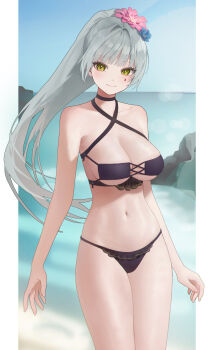 Rule 34 | 1girl, absurdres, bare shoulders, beach, black choker, blush, breasts, choker, closed mouth, day, flower, girls' frontline, girls' frontline 2: exilium, green eyes, grey hair, hair flower, hair ornament, highres, hk416 (girls' frontline), kir (khw66136132), klukai (cerulean breaker) (girls' frontline 2), klukai (girls' frontline 2), large breasts, long hair, looking at viewer, navel, ocean, outdoors, ponytail, smile, solo, stomach, teardrop facial mark, thighs, underboob, water