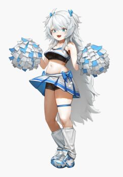 1girl absurdres bandeau bike_shorts black_bandeau blue_bow blue_eyes blue_skirt blush bow cheerleader crop_top fluffy_hair full_body goddess_of_victory:_nikke grey_hair hair_bow he_zao_shang highres leg_warmers long_hair navel open_mouth pleated_skirt poli_(cheer_up_police)_(nikke) poli_(nikke) pom_pom_(cheerleading) shoes skindentation skirt sleeveless smile sneakers solo standing thigh_strap two-tone_skirt two_side_up very_long_hair white_skirt