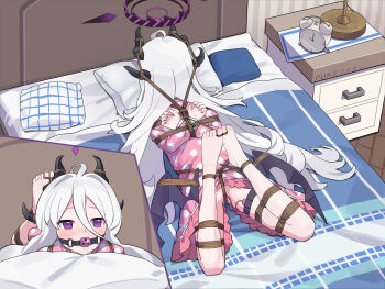 1girl absurdres ahoge alarm_clock arms_behind_back ball_gag barefoot bdsm bed black_halo blue_archive blush bondage bound bound_arms bound_legs bound_toes clock demon_girl demon_horns gag hair_between_eyes halo highres hina_(blue_archive) hina_(pajamas)_(blue_archive) hogtie horns loli long_hair low_wings lying nightstand on_bed on_stomach pajamas pillow prezz projected_inset purple_eyes sex_toy shibari slippers solo unworn_slippers very_long_hair vibrator vibrator_in_thigh_strap white_hair wiffle_gag wings