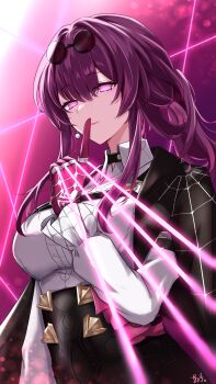 1girl black-framed_eyewear black_choker black_jacket black_shorts breasts choker closed_mouth collared_shirt commentary_request earrings empty_eyes eyewear_on_head gloves gradient_background hair_between_eyes hand_up high-waist_shorts highres honkai:_star_rail honkai_(series) index_finger_raised jacket jewelry kafka_(honkai:_star_rail) lapels large_breasts long_hair long_sleeves looking_at_viewer low_ponytail multiple_rings open_clothes open_jacket pearl_earrings pink_background pink_lips pink_pupils ponytail puffy_long_sleeves puffy_sleeves purple_background purple_eyes purple_gloves purple_hair ring round_eyewear shirt shorts sidelocks single_earring smile solo spider_web_print sunglasses thread tiizumaru98 two-tone_background upper_body white_shirt