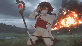 1girl absurdres ai-assisted artist_name bare_shoulders black_panties black_socks blurry bokeh breasts cleft_of_venus clothes_pull cloud cloudy_sky depth_of_field explosion eye_trail fog glowing glowing_eye grass grin half-closed_eyes highres kneeling kono_subarashii_sekai_ni_shukufuku_wo! light_trail loli mage_staff megumin navel nipples off_shoulder one_breast_out outdoors panties panty_pull patreon_username petite pulling_own_clothes pussy red_eyes salute scenery shaded_face sky small_breasts smile socks solo staff steam strap_slip tank_top teeth twitter_username underwear undressing watashinogovno wet wind