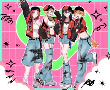 4girls akehoshi_subaru arm_up backwards_hat baseball_cap belt black_belt black_hair blonde_hair blue-framed_eyewear blue_eyes blue_leg_warmers blue_shorts braid closed_mouth commentary crop_top cropped_jacket denim ensemble_stars! full_body genderswap genderswap_(mtf) glasses green_eyes grid_background hair_between_eyes hand_on_headwear hat hidaka_hokuto highres isara_mao jacket jeans leg_warmers long_hair multiple_girls one_eye_closed oobakayarou1_2 open_clothes open_jacket open_mouth orange_hair pants red_hair red_jacket shirt shorts smile standing standing_on_one_leg trickstar_(ensemble_stars!) twin_braids white_shirt yuuki_makoto_(ensemble_stars!)