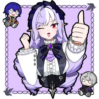 Rule 34 | 1boy, 2girls, ahoge, ascot, belle (zenless zone zero), benis zzz, black shirt, blue hair, blue jacket, bow, bowtie, brother and sister, character doll, commentary request, crossed bangs, doll, drill hair, gem, hair ornament, hairband, jacket, letter hair ornament, mole, mole under eye, multicolored hair, multiple girls, one eye closed, open clothes, open jacket, pointy ears, purple ascot, purple bow, purple bowtie, purple gem, purple hair, purple hairband, red eyes, shirt, siblings, smile, streaked hair, thumbs up, vivian banshee, white streaks, wise (zenless zone zero), zenless zone zero