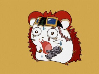 1boy animal_ears cosplay eustass_kid eustass_kid_(cosplay) evil_smile full_body fur_trim goggles goggles_on_head hamster_ears hamtaro hamtaro_(series) highres looking_away mechanical_arms one_piece red_eyes red_hair scar scar_across_eye scar_on_face short_hair simple_background single_mechanical_arm smile solo surprised sweat what