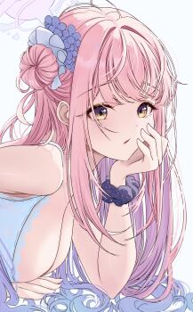 1girl absurdres arm_support bare_shoulders black_scrunchie blue_archive blue_background blush bra breasts byakko_0410 eyelashes flower from_side hair_bun hair_flower hair_ornament halo hand_on_own_cheek hand_on_own_face hand_up highres lace lace-trimmed_bra lace_trim large_breasts light_blush long_hair looking_at_viewer mika_(blue_archive) parted_lips pink_hair pink_halo portrait purple_flower scrunchie simple_background single_side_bun solo straight_hair underwear white_bra wrist_scrunchie yellow_eyes