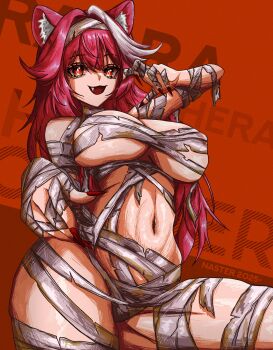 1girl :3 animal_ears bandages bare_shoulders fang fingernails hair_intakes highres hololive hololive_english looking_at_viewer multicolored_hair mummy_costume nail_polish nasterro open_mouth panther_ears panther_girl pink_hair raora_panthera re:zero_kara_hajimeru_isekai_seikatsu red_eyes sharp_fingernails smile solo streaked_hair virtual_youtuber white_hair