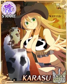 1girl animal_print bar_(place) black_vest border bottle breasts brown_hair card_(medium) chaps character_name cleavage closed_mouth cow_print cowboy_hat cowboy_western cowgirl_(western) cup english_text game_cg green_eyes groin hand_on_own_face hat karasu_(senran_kagura) large_breasts leather leather_vest long_hair looking_at_viewer milk milk_bottle mug navel official_art outstretched_arm print_vest senran_kagura senran_kagura_new_wave sitting sliding smile solo vest wanted_poster
