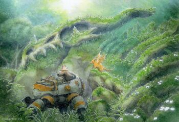 1other bag brown_hoodie cat commentary dragon dragon_skull english_commentary externally_piloted_mecha flower forest furry giant_skeleton highres hood hood_down hoodie looking_at_another mecha moss nature original outdoors plant robot skeleton skull tama_(amedamadou) tree twitter_username walker_(robot) white_flower