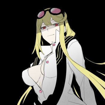 1girl ayu_(ddestiny944) black_scarf blonde_hair breasts cleavage commentary_request digimon digimon_(creature) digimon_story:_cyber_sleuth eyewear_on_head highres kuremi_kyouko large_breasts long_hair looking_at_viewer pink-tinted_eyewear print_scarf scarf shirt simple_background smile solo sunglasses tinted_eyewear white_shirt