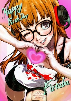 Rule 34 | absurdres, behind-the-head headphones, black-framed eyewear, black tank top, blunt bangs, blush, commentary request, glasses, green jacket, happy birthday, headphones, heart, heart hands, highres, jacket, oeilvert fft, off-shoulder shirt, off shoulder, one eye closed, orange hair, persona, persona 5, persona 5 the royal, sakura futaba, shirt, simple background, smile, tank top, thighs