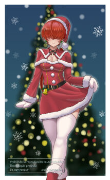 Rule 34 | 1girl, boots, breasts, christmas, cleavage cutout, clothing cutout, coat, earrings, female focus, fluffy, gloves, huge breasts, jewelry, kkzk61539201, large breasts, long hair, pale skin, ponytail, red hair, shermie (kof), skirt, smile, socks, the king of fighters, twintails