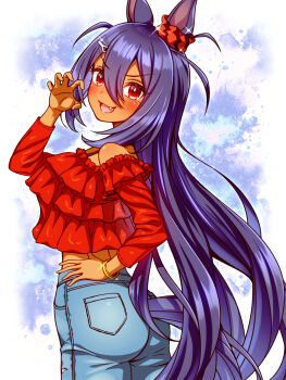 Rule 34 | 1girl, animal ears, ass, bare shoulders, black hair, blush, bracelet, breasts, casual, claw pose, cropped shirt, dark-skinned female, dark skin, denim, ear ornament, ear scrunchie, fang, hair between eyes, hair ornament, hairclip, highres, hishi amazon (casual) (umamusume), hishi amazon (umamusume), horse ears, horse girl, horse tail, jeans, jewelry, long hair, long sleeves, looking at viewer, looking back, midriff, off-shoulder shirt, off shoulder, open mouth, pants, red eyes, red scrunchie, red shirt, scrunchie, shirt, smile, solo, sugimotty nova, tail, umamusume, very long hair