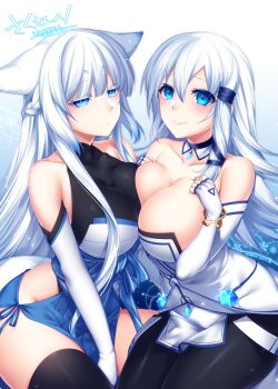 Rule 34 | 2girls, animal ears, bare shoulders, black legwear, blue eyes, blush, borrowed character, breast press, breasts, cleavage, detached collar, elbow gloves, fingerless gloves, gloves, hair between eyes, hair ribbon, halterneck, konshin, large breasts, looking at viewer, multiple girls, original, ribbon, smile, symmetrical docking, thighhighs, white gloves, white hair