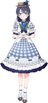 1girl blue_bow blue_dress blue_eyes blue_flower blue_hair blue_tulip bow brown_hat brown_shoes dress flower frilled_dress frills full_body game_cg gigo gingham_dress half_updo hat hat_bow hat_flower holding holding_flower link!_like!_love_live! long_hair looking_at_viewer love_live! medium_dress murano_sayaka non-web_source official_alternate_costume official_art puffy_short_sleeves puffy_sleeves shoes short_sleeves simple_background socks solo standing transparent_background tulip virtual_youtuber white_socks