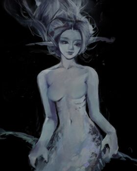 1girl absurdres black_background black_eyes blue_skin colored_skin commentary english_commentary eyeshadow floating_hair full_body head_tilt highres long_hair looking_to_the_side makeup mermaid monster_girl nude original pointy_ears purple_eyeshadow ribs scales simple_background smile solo twulfs white_hair