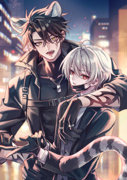 Rule 34 | 2boys, absurdres, adjusting clothes, adjusting gloves, animal ear fluff, animal ears, arm around shoulder, arm tattoo, black coat, black gloves, black hair, black mask, black shirt, building, coat, commentary request, dog tags, facial tattoo, gloves, grey vest, harness, highres, looking at viewer, male focus, mask pull, multiple boys, original, outdoors, parted lips, red eyes, shirt, short hair, sky, suzaku (zaku6584), tail, tattoo, tiger boy, tiger ears, tiger tail, tongue, tongue out, upper body, vest, white hair, white shirt, yellow eyes